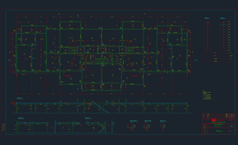 Structural formwork plan for a residential 10th floor slab showing beam layout, column markers, and cross sections.