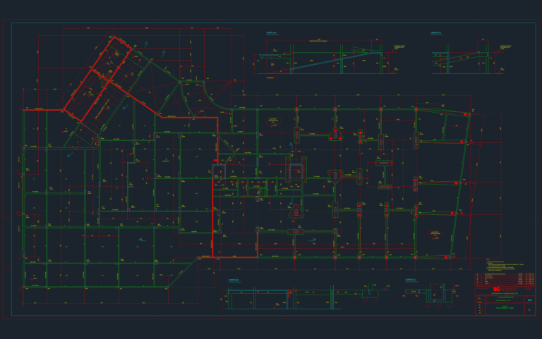 Structural formwork CAD plan for a basement ceiling with beams, pillars, and access ramp cross-sections.