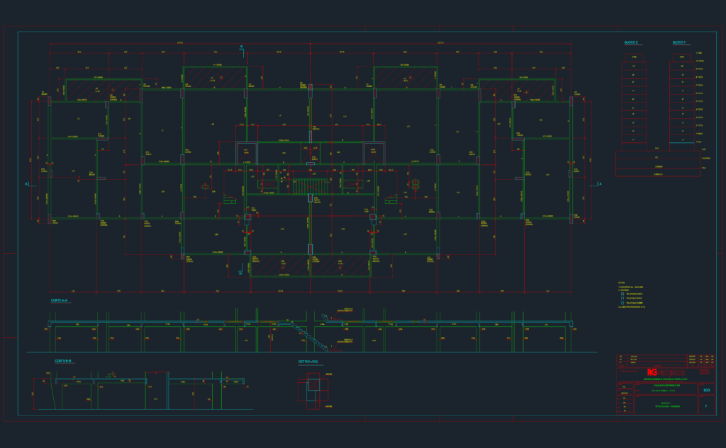 Structural formwork plan showing reinforced concrete slab layouts, beams, sections, and column details for a building level.