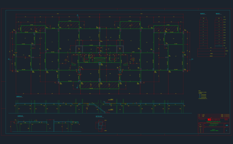 Structural formwork plan showing reinforced concrete slab layouts, beams, sections, and column details for a building level.