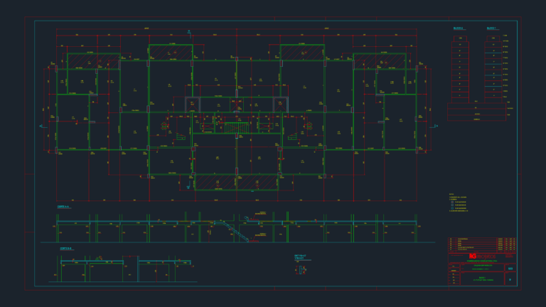 Structural formwork floor plan, cross-sections, and pillar details for a residential concrete building.