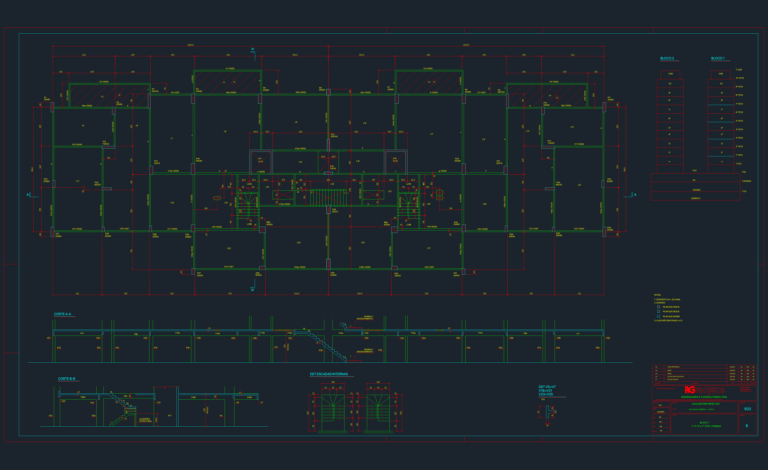 CAD drawing of a structural formwork plan for a residential building showing floor layouts, beam details, and stair sections.
