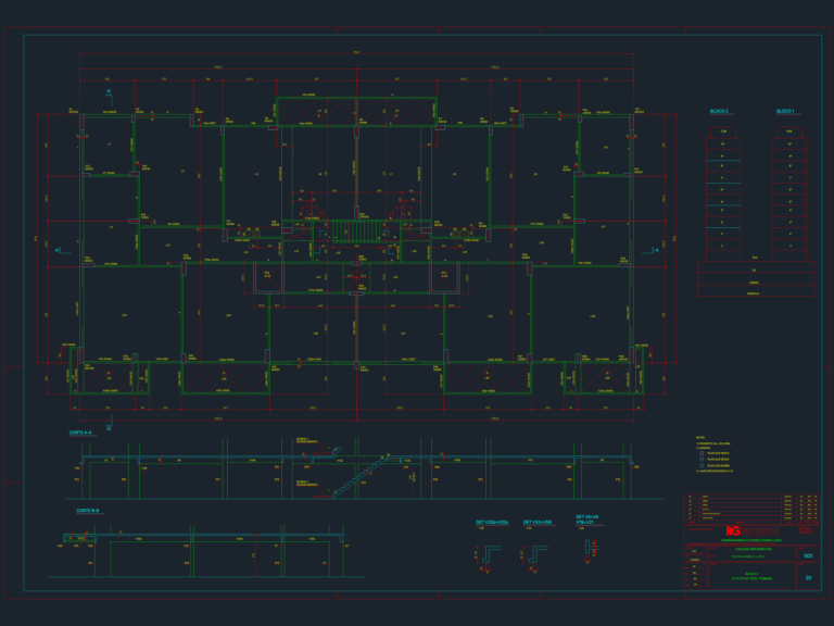Structural formwork CAD drawing showing floor plans, cross-sections, beam details, and column legend for a residential buildi