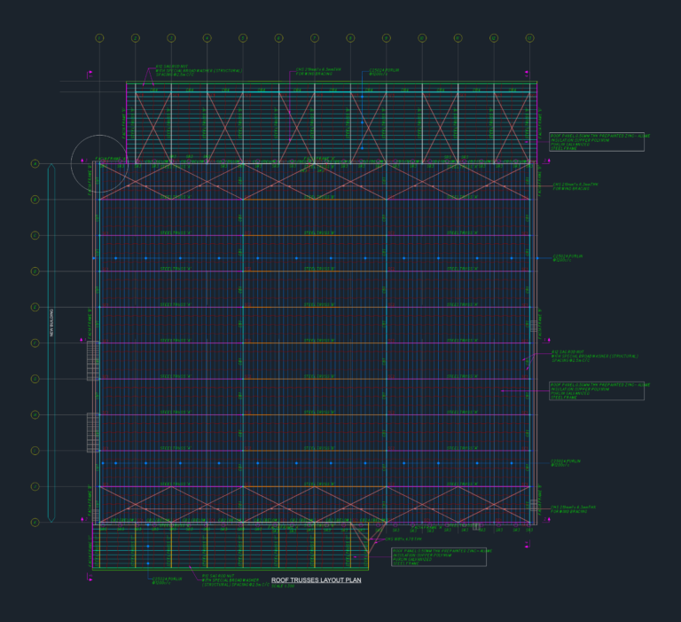 CAD layout plan for structural steel warehouse roof trusses with purlins, wind bracing, and grid annotations.