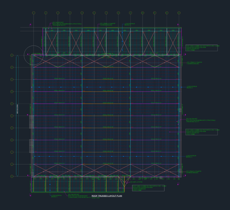 Structural warehouse plans including roof trusses and pile details