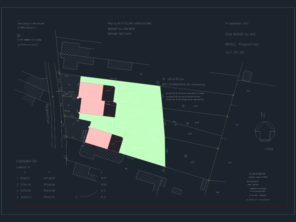 Subdivision plan for Meigemstraat in Deinze showing lot layouts, building envelopes, and Lambert 72 survey coordinates.