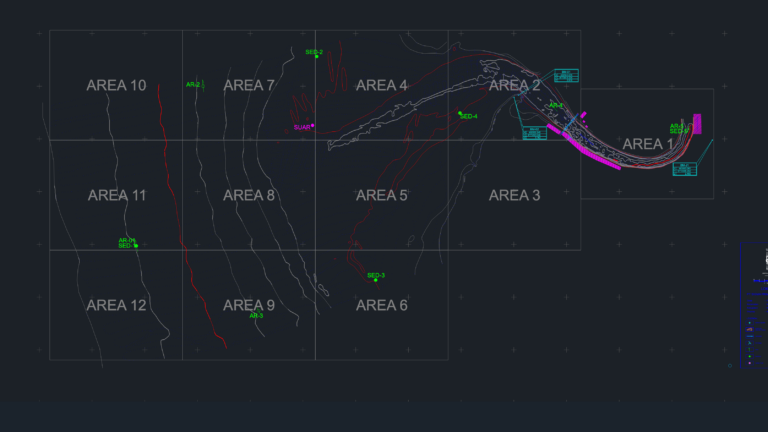DWG survey map of Sungai Pesaguan showing bathymetry contours, sediment markers, and numbered study areas.