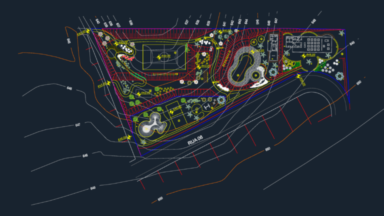 CAD site plan showing swimming pools, sports courts, landscaping, and topographical contour lines.