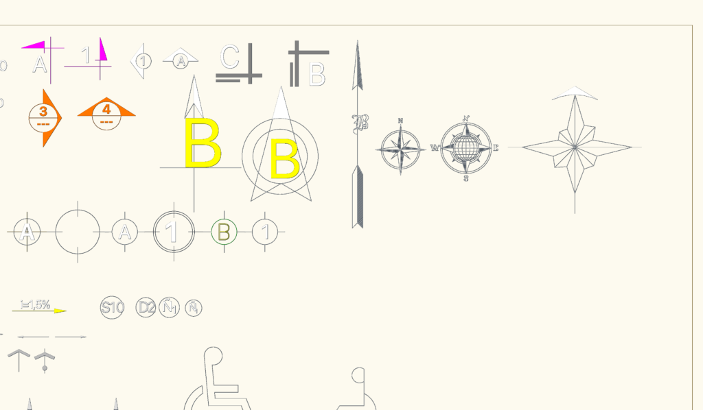 Architectural CAD blocks featuring various north arrow styles, section cut markers, grid bubbles, and level indicators.