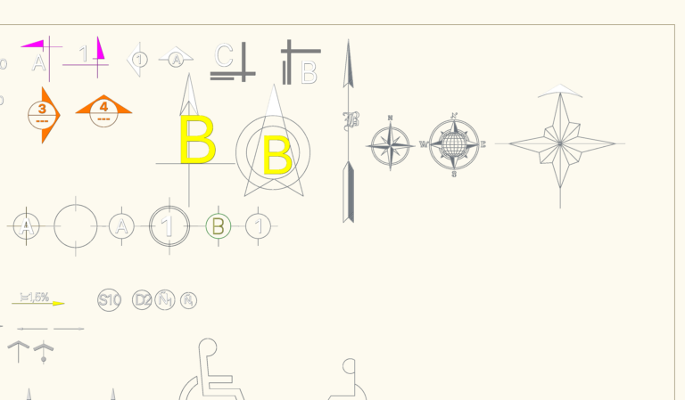 Architectural CAD blocks featuring various north arrow styles, section cut markers, grid bubbles, and level indicators.