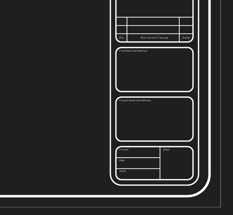 Architectural title block with rounded corners, revision table, firm address section, and project data fields.