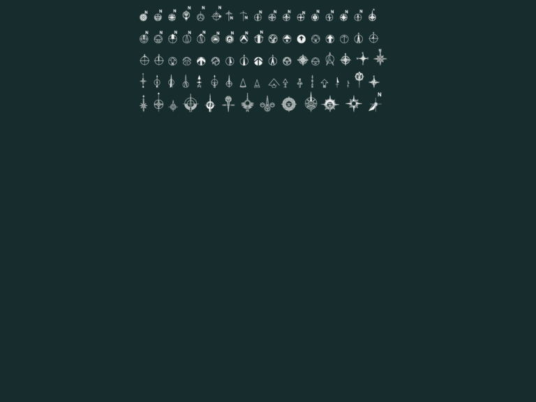Multiple rows of 2D north arrow and compass rose symbols for architectural site plans.