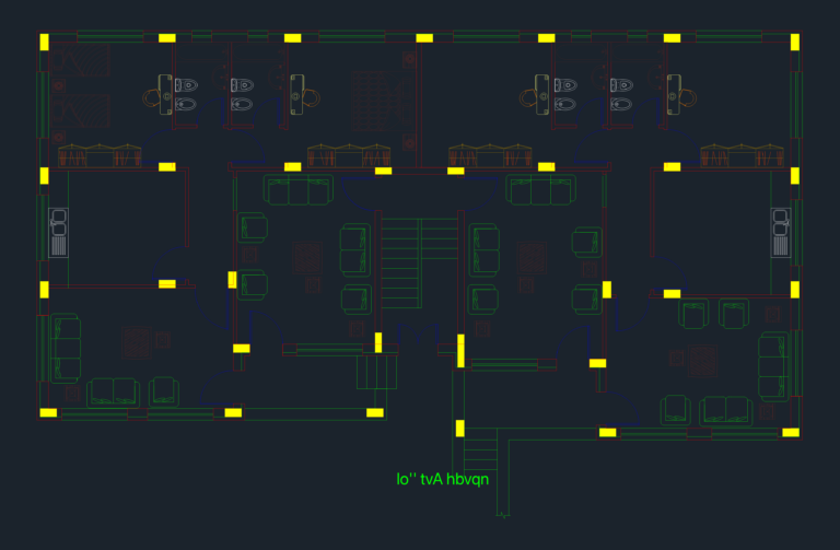 Symmetrical CAD duplex floor plan showing yellow structural columns, furniture blocks, and central staircase.