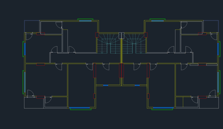Symmetrical 2D architectural floor plan of a multi-unit building showing RC columns, walls, and central staircase.