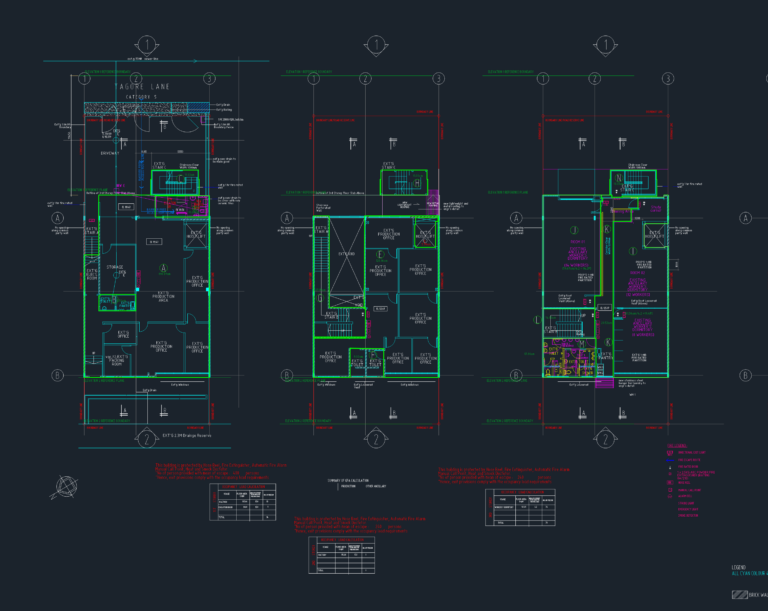 Industrial floor plans showing fire safety systems, GFA tables, and worker dormitory layouts for a Singapore facility.