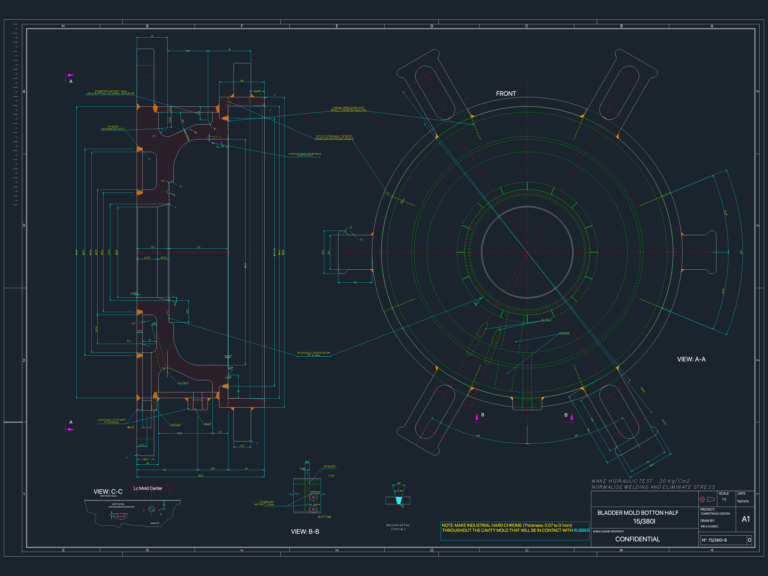 Technical CAD drawing showing front and section views of a bladder mold bottom half with dimensioned welding details.