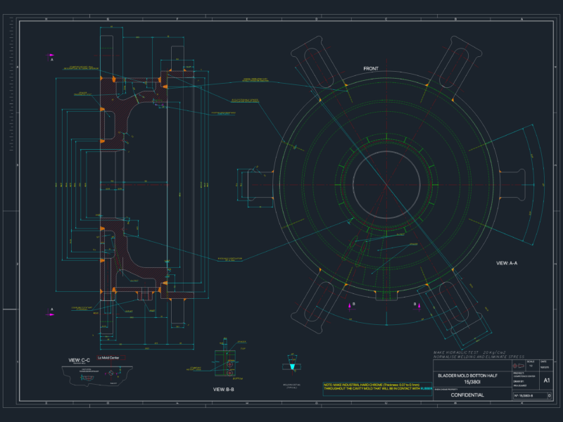 Technical drawing for bladder mold bottom half 15/380I
