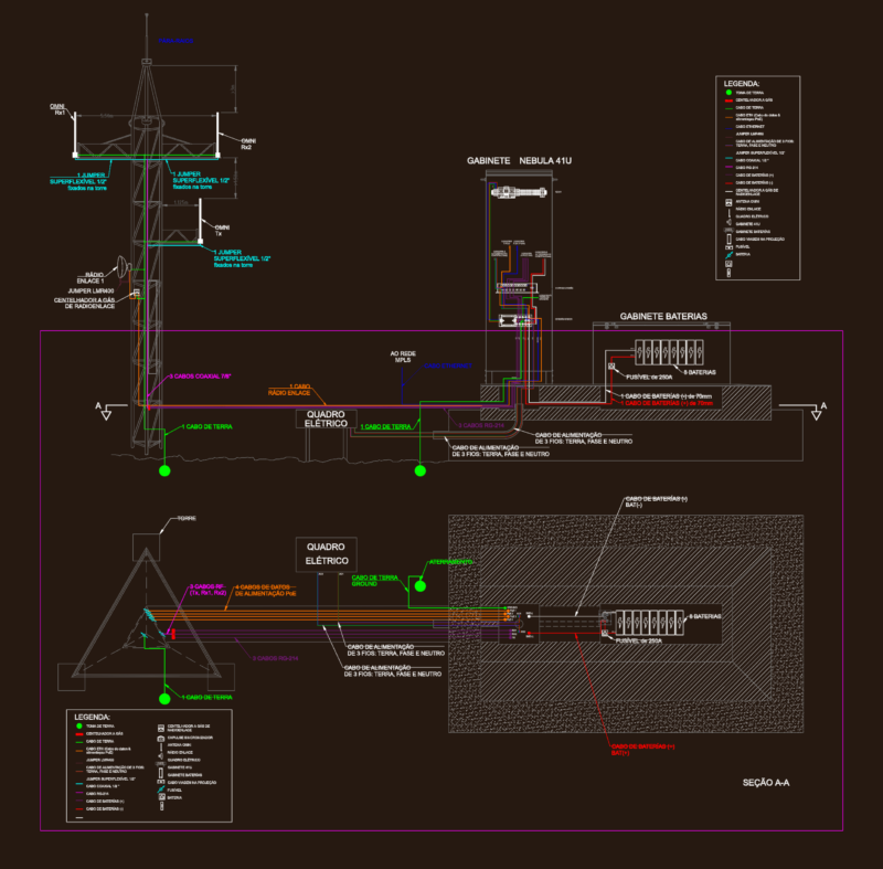 Telecommunications Tower and Cabinet Interconnection DWG with Electrical Wiring and Battery Details
