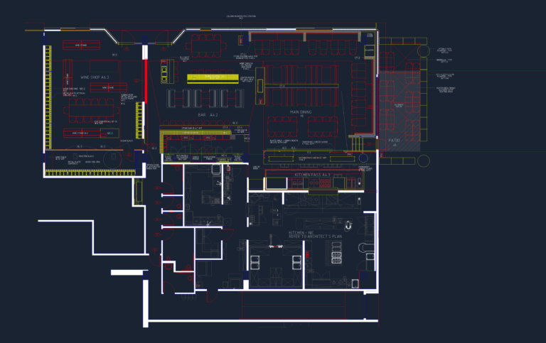 CAD floor plan of the Tesse restaurant and wine shop showing dining, bar, kitchen, and patio layouts.