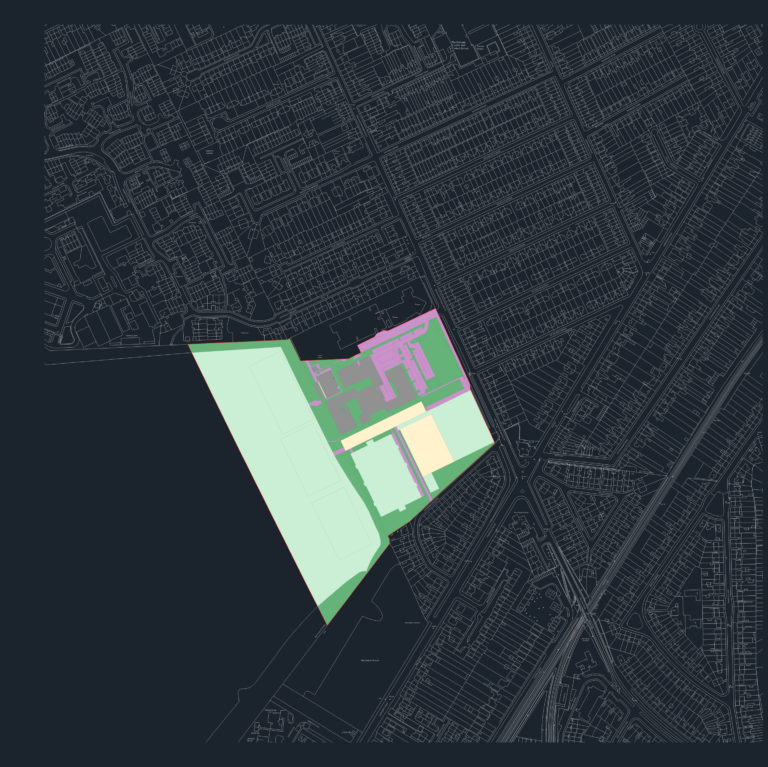 CAD site plan of The Heathland School in Hounslow showing building footprints, playgrounds, and surrounding urban context.