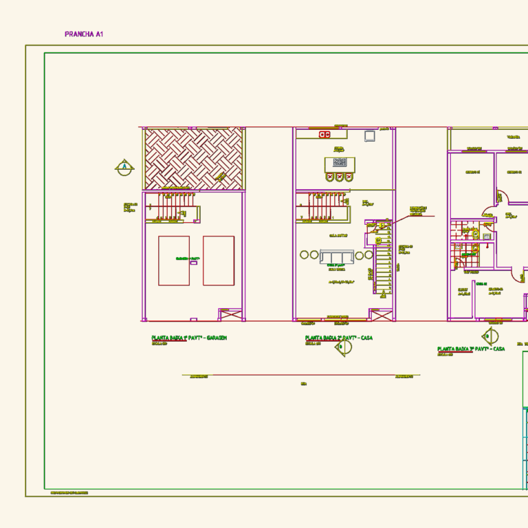 Architectural floor plans for a three-story house including garage, living levels, staircase specs, and room dimensions.