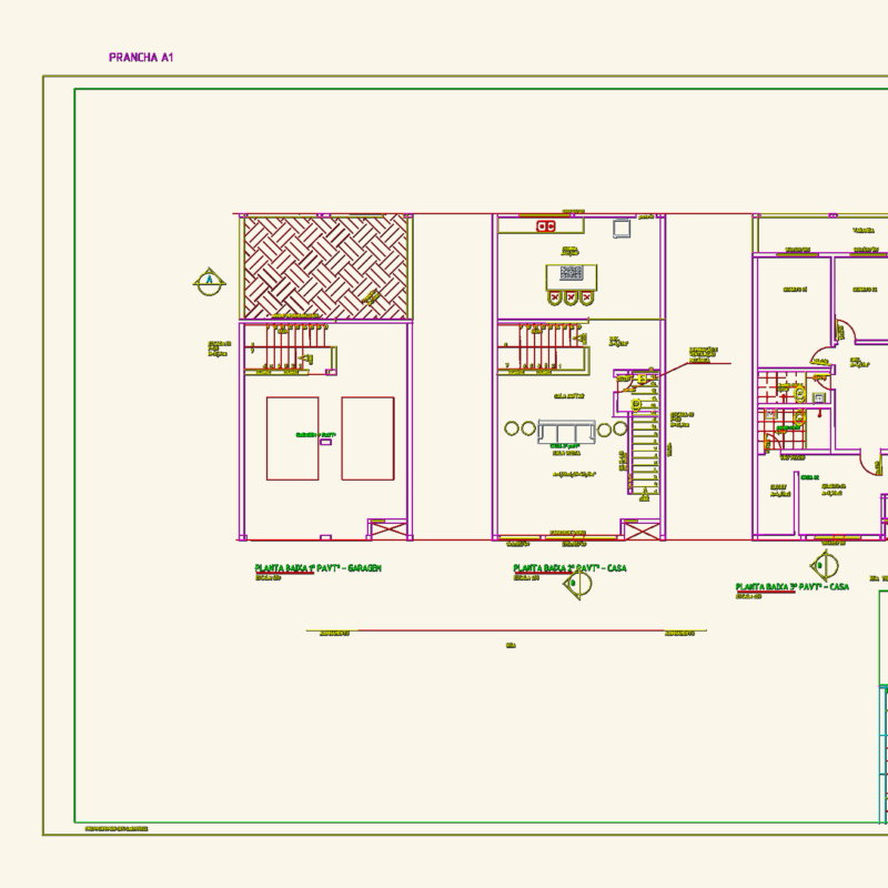 Three Story Residential House Floor Plans with Garage and Veranda