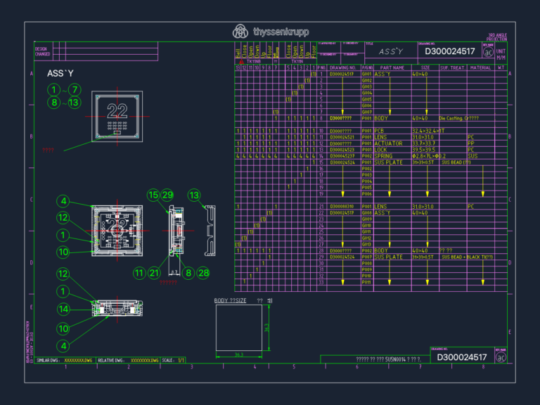 Thyssenkrupp TK11N elevator button CAD drawing showing front, side, and sectional assembly views with part list.