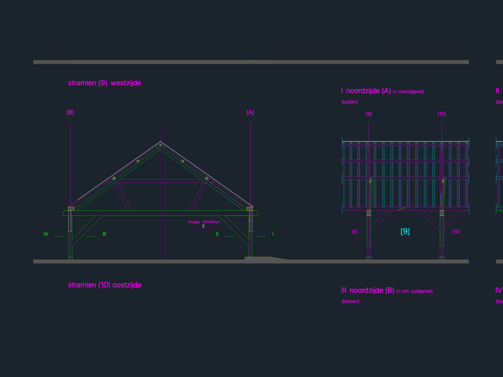 Structural CAD elevations of timber roof trusses and framing for a manure pit building.