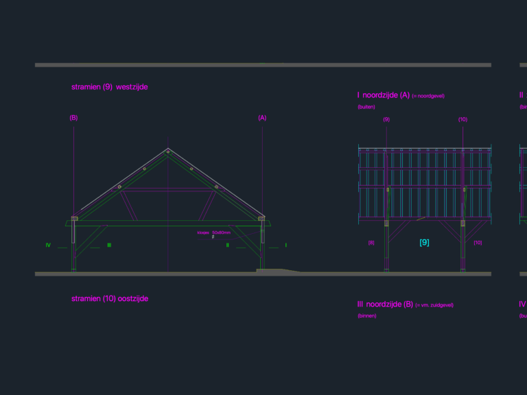Structural CAD elevations of timber roof trusses and framing for a manure pit building.