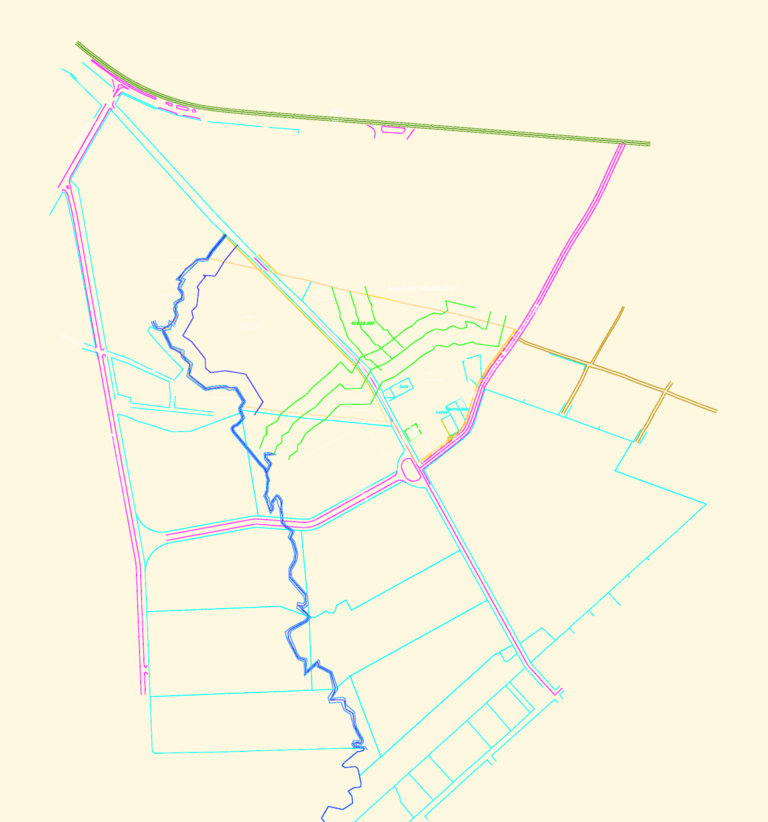 Planimetric and cadastral survey showing street alignments, lot divisions, and a watercourse for a 145,083 sqm site.