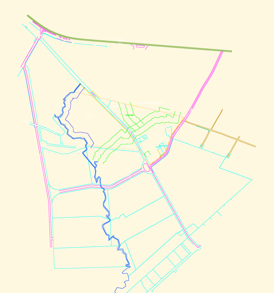 Planimetric and cadastral survey showing street alignments, lot divisions, and a watercourse for a 145,083 sqm site.