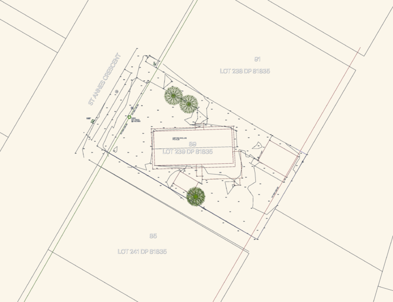 2D topographic site survey plan showing property boundaries, house footprint, levels, and contours for 89 St Annes Crescent.