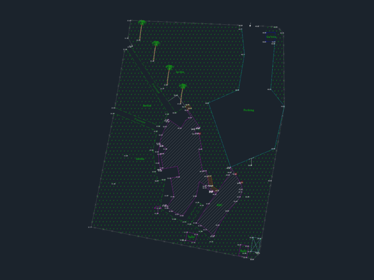CAD site plan showing property boundaries, garden zones, parking area, palm tree blocks, and numerical spot elevations.
