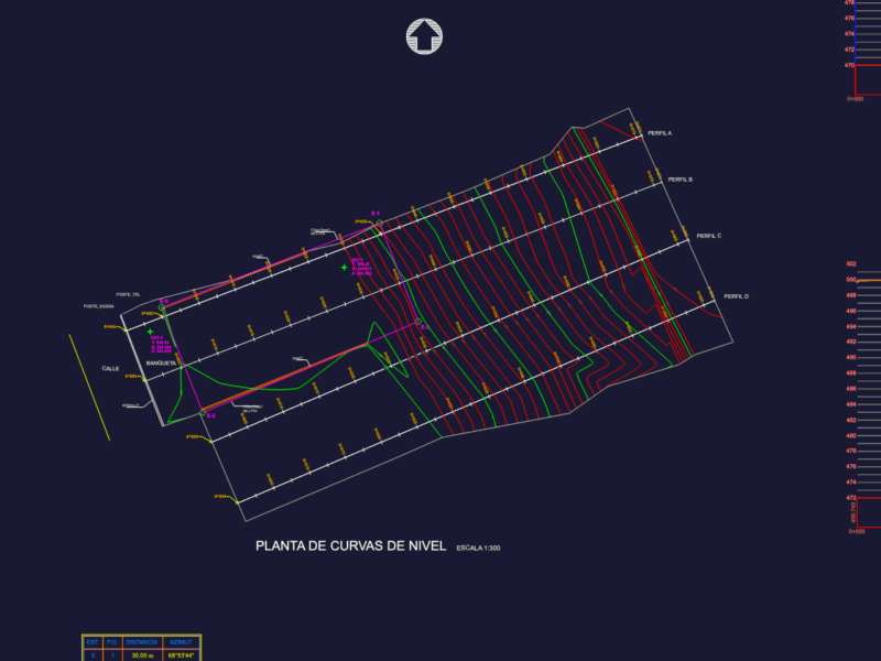 Topographic site survey with contour lines and profiles