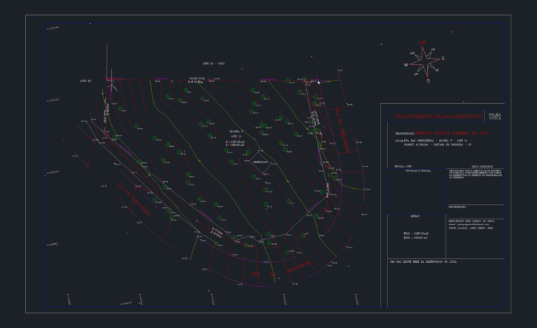 Planimetric and altimetric topographic survey of a residential plot showing contours, boundaries, and tree locations.