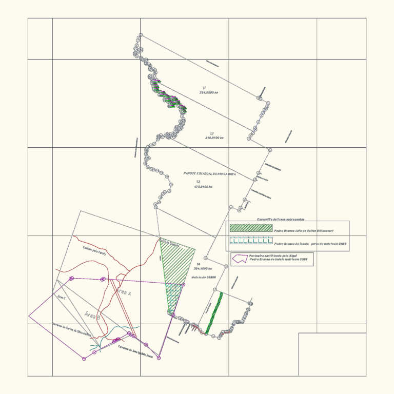Topographic survey of Rio da Onça State Park showing property boundaries, sectors, and georeferenced coordinate markers.