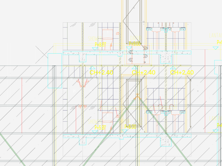CAD section drawing of a studio apartment bathroom and kitchen area with TOTO fixtures and level annotations.