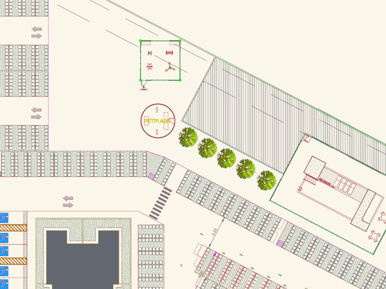 Top-down CAD site plan of a residential development featuring a pet zone, parking stalls, landscaping, and pool area.