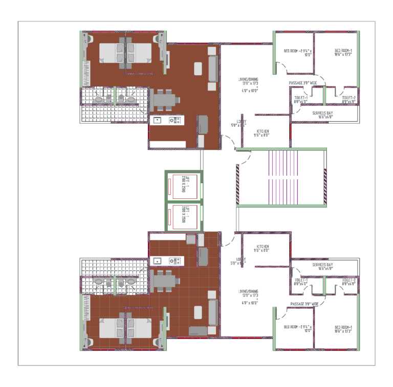 Architectural floor plan of two mirror-image 2BHK apartments with a central lift lobby, staircase, and services bays.