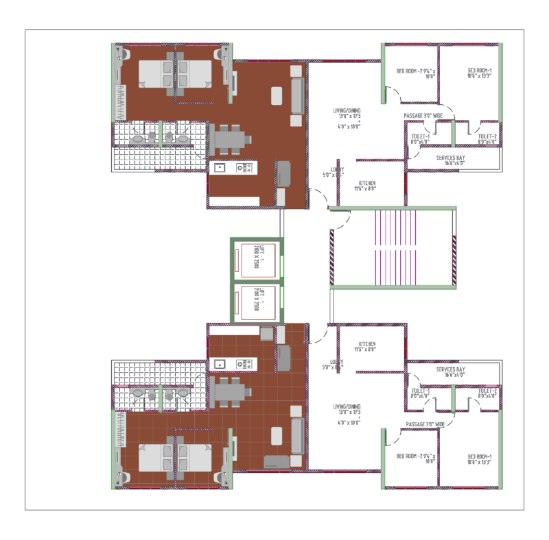 Twin 2BHK Residential Unit Floor Plan with Services Bay