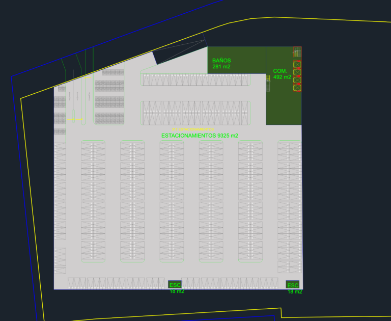Architectural site plan showing a 9,325 square meter parking lot layout for a commercial retail development.