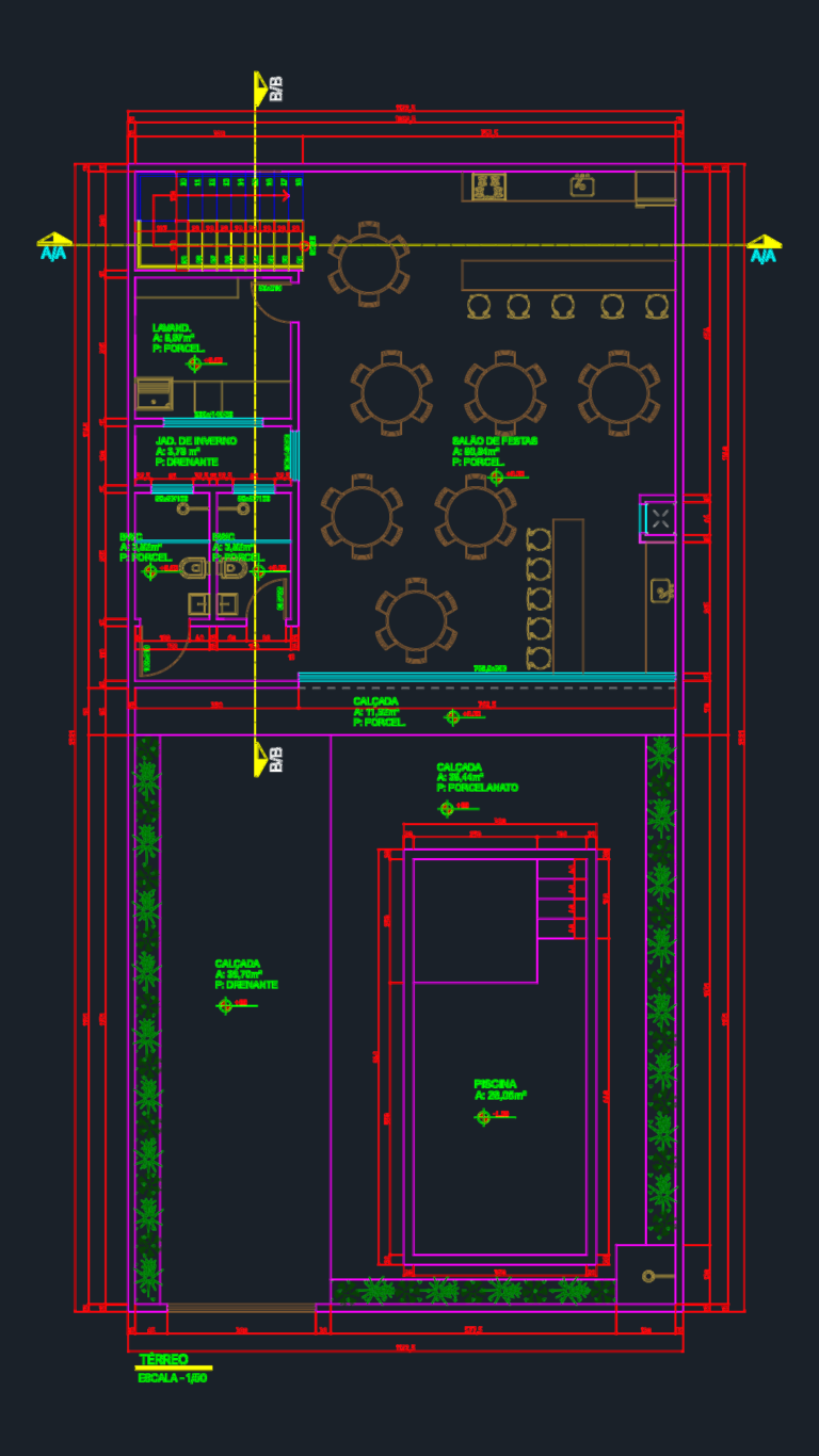 Ground floor CAD architectural plan of a recreational building with social hall, kitchen, and swimming pool.