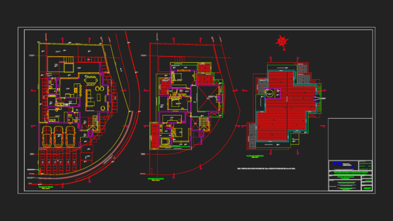 CAD drawing of ground floor, upper floor, and roof plans for a 302m² two-story house on a curved site.