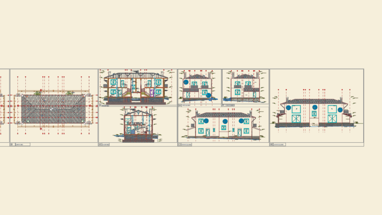 Architectural CAD drawings showing roof plans, elevations, and sections for a two-story residential villa.