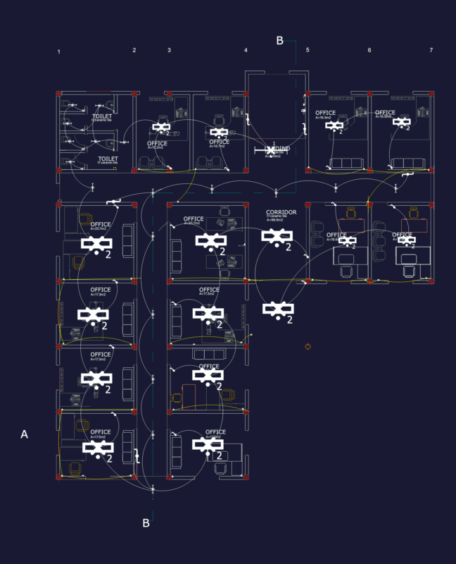 Two-story office building architectural plans, sections, and electrical layouts