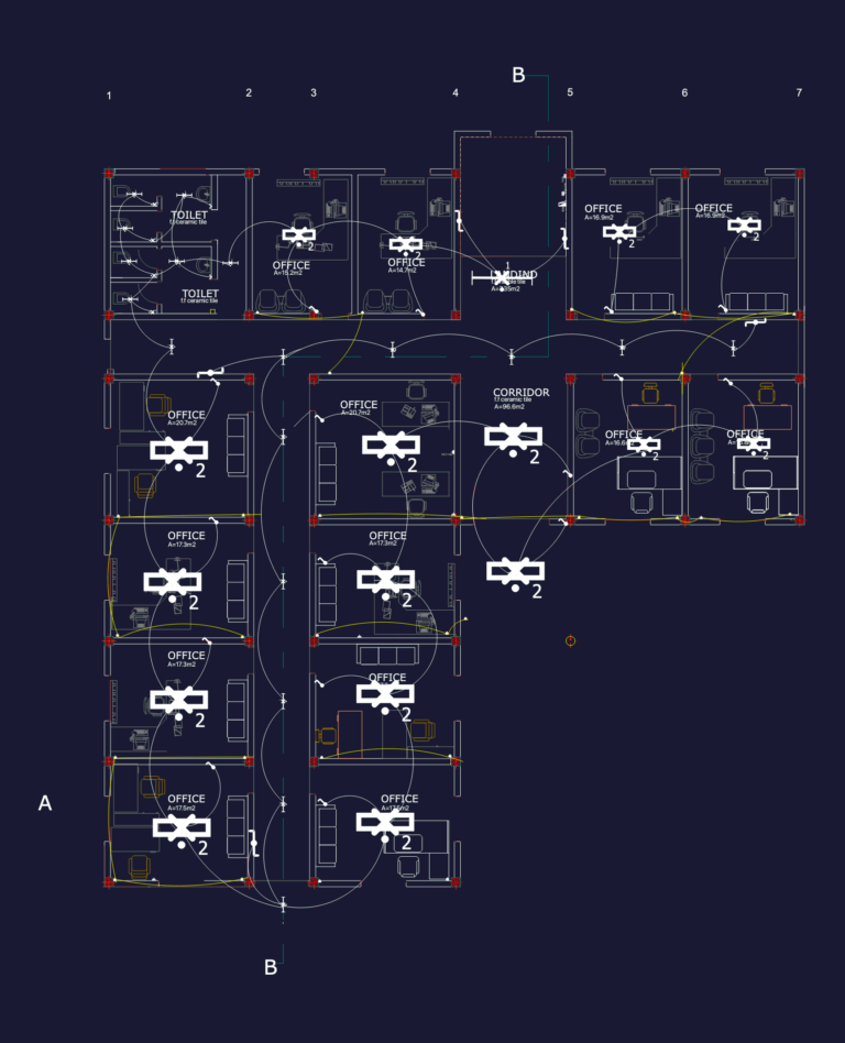 Architectural floor plan of a two-story office building showing electrical lighting layouts and office dimensions.