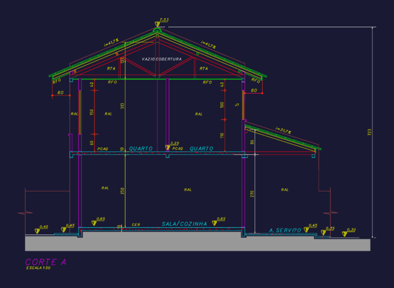 CAD cross-section of a 99m² two-story masonry house with dimensions, roof pitch, and interior room annotations.