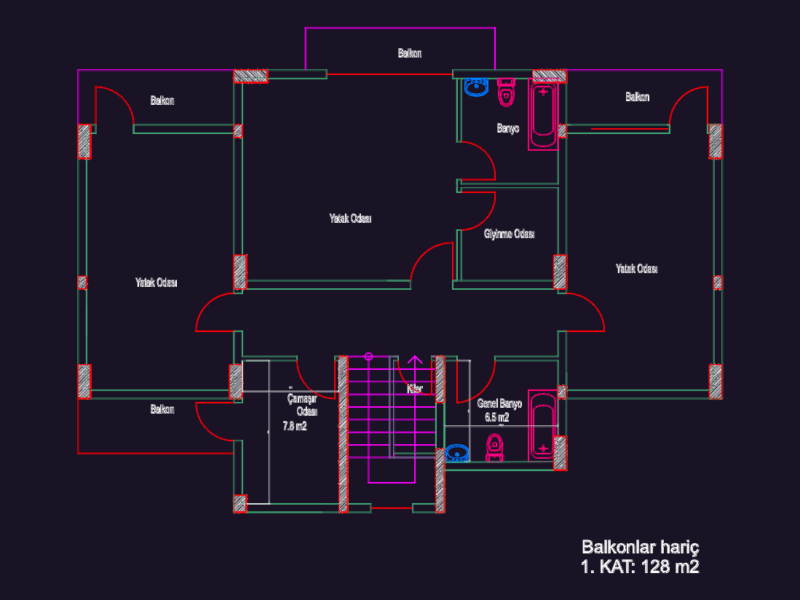 Two story residential house floor plans with 128m2 floor area
