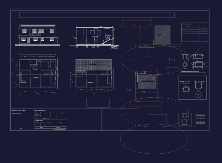 2D CAD drawing of a two-story house showing floor plans, front elevation, cross-section, and septic tank details.