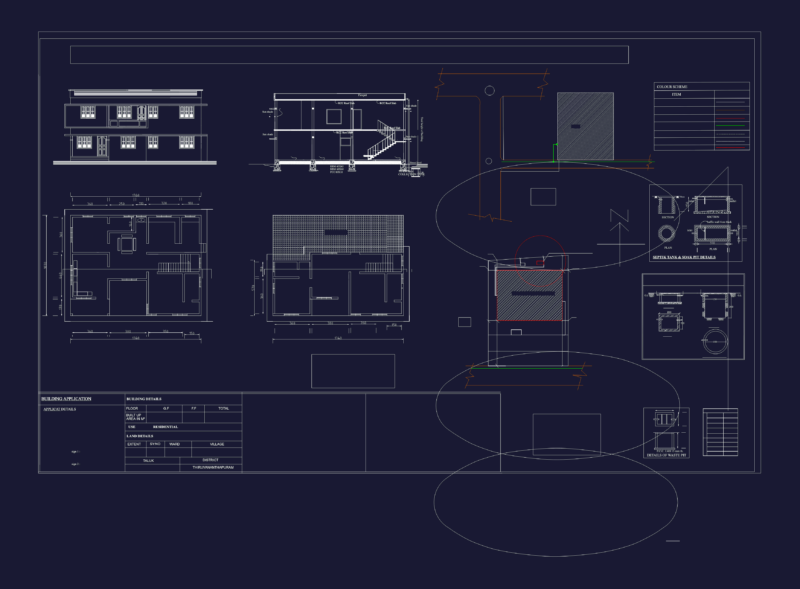 Two-Story Residential House Plan with Elevation Sections and Service Details